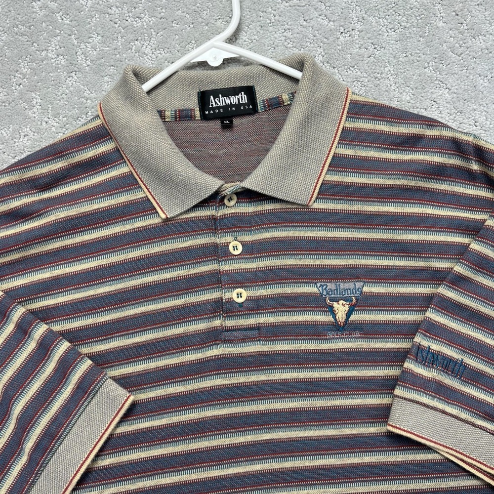 Ashworth Polo Shirt Mens XL Blue Red Gray Striped Badlands Golf Club Cotton